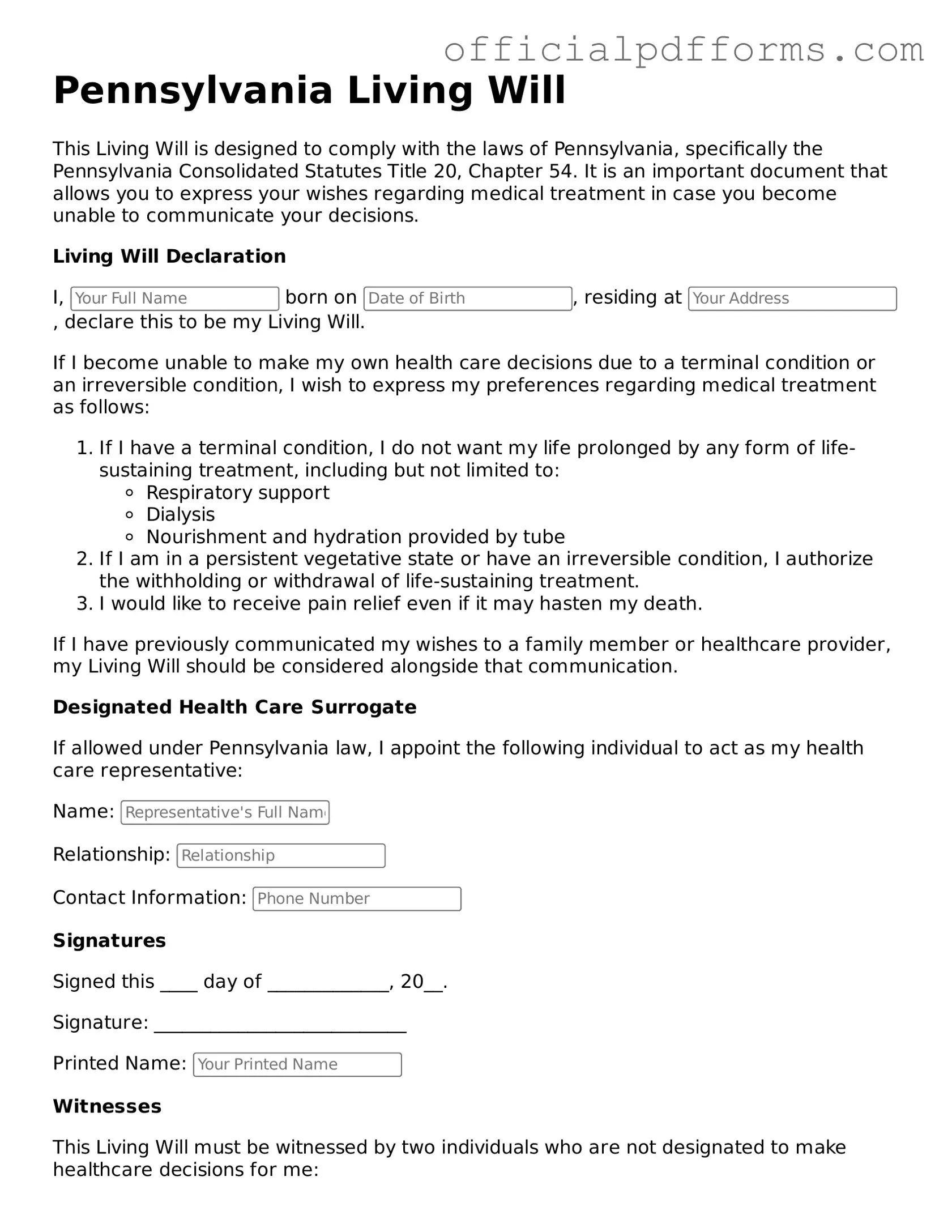Printable Pennsylvania Living Will Template