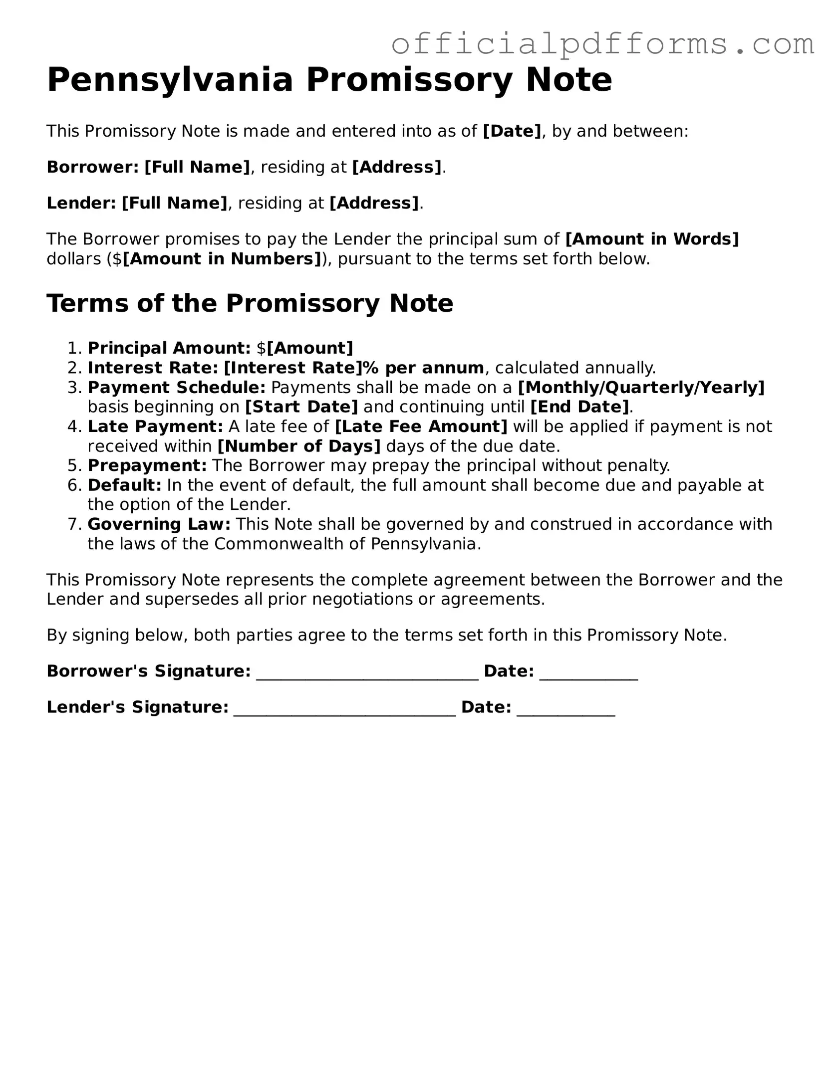 Printable Pennsylvania Promissory Note Template