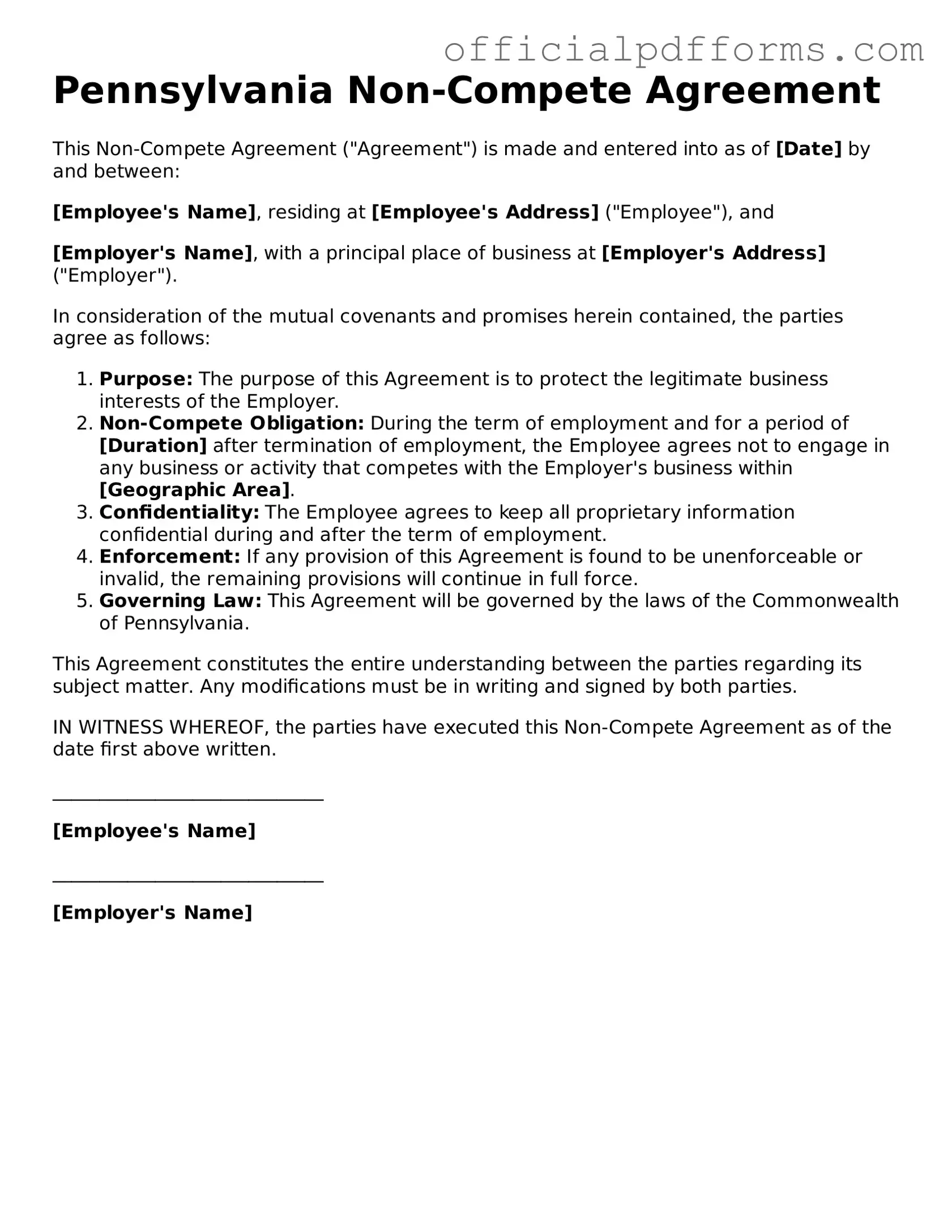 Printable Pennsylvania Non-compete Agreement Template