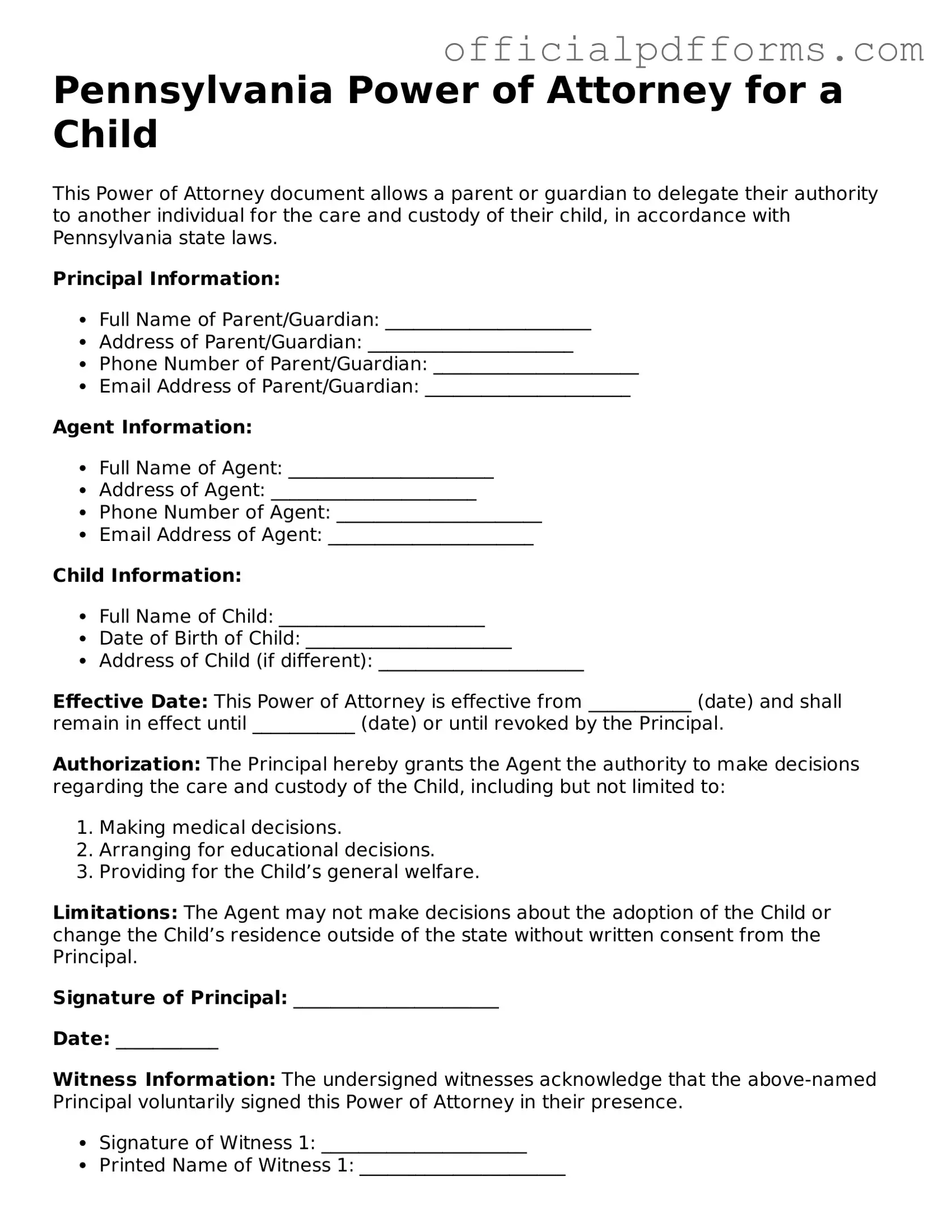 Printable Pennsylvania Power of Attorney for a Child Template