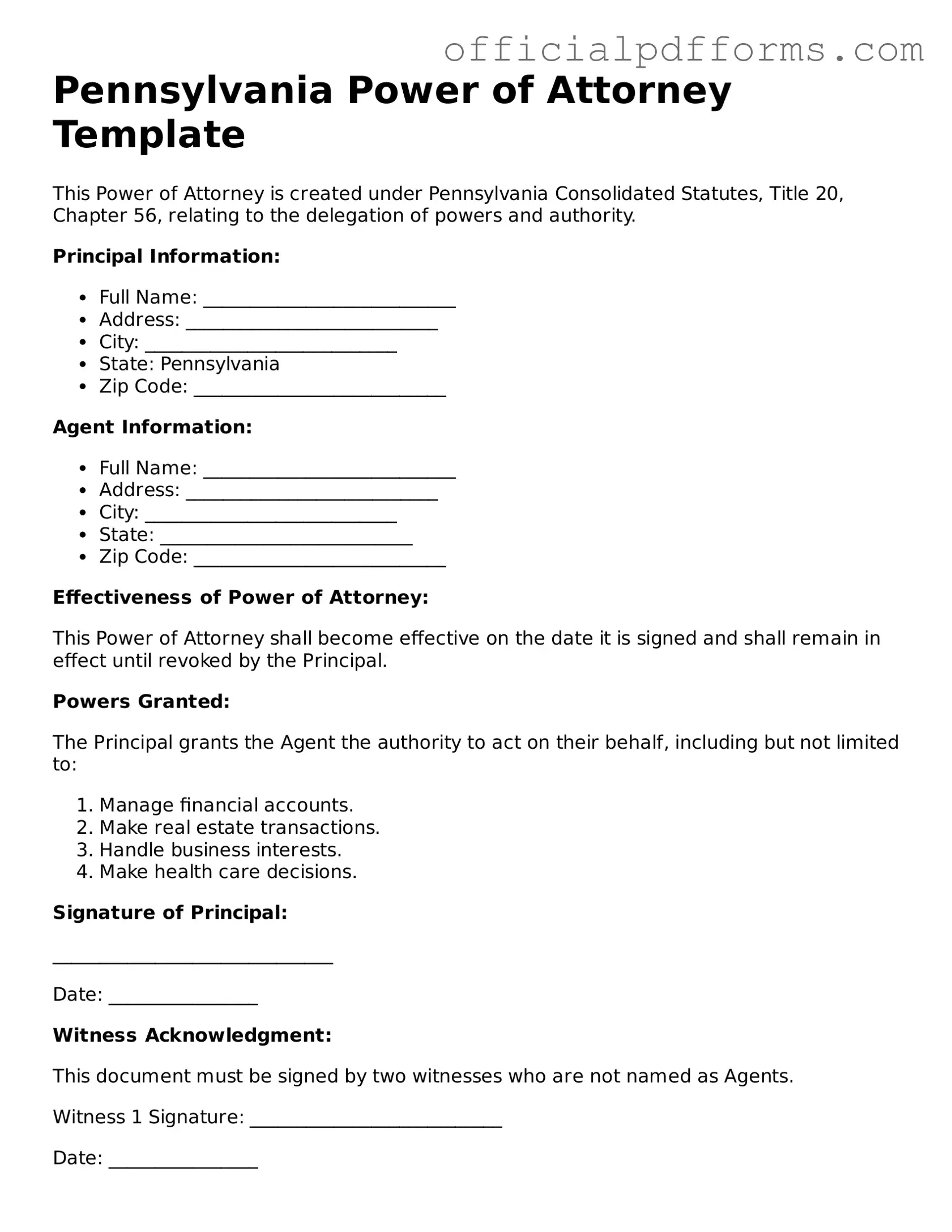Printable Pennsylvania Power of Attorney Template