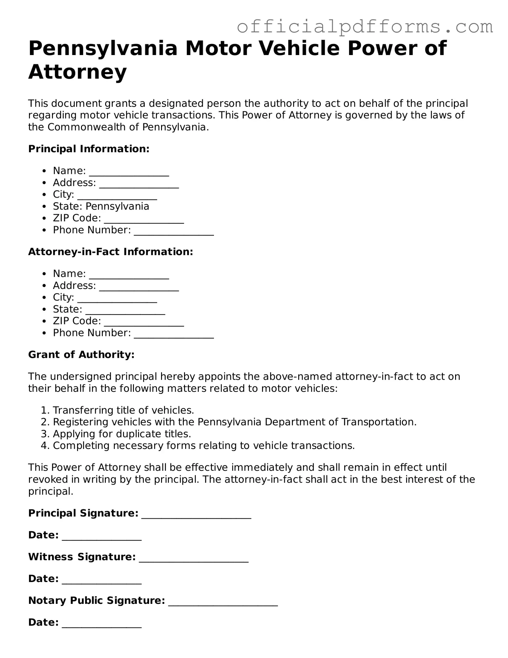 Printable Pennsylvania Motor Vehicle Power of Attorney Template
