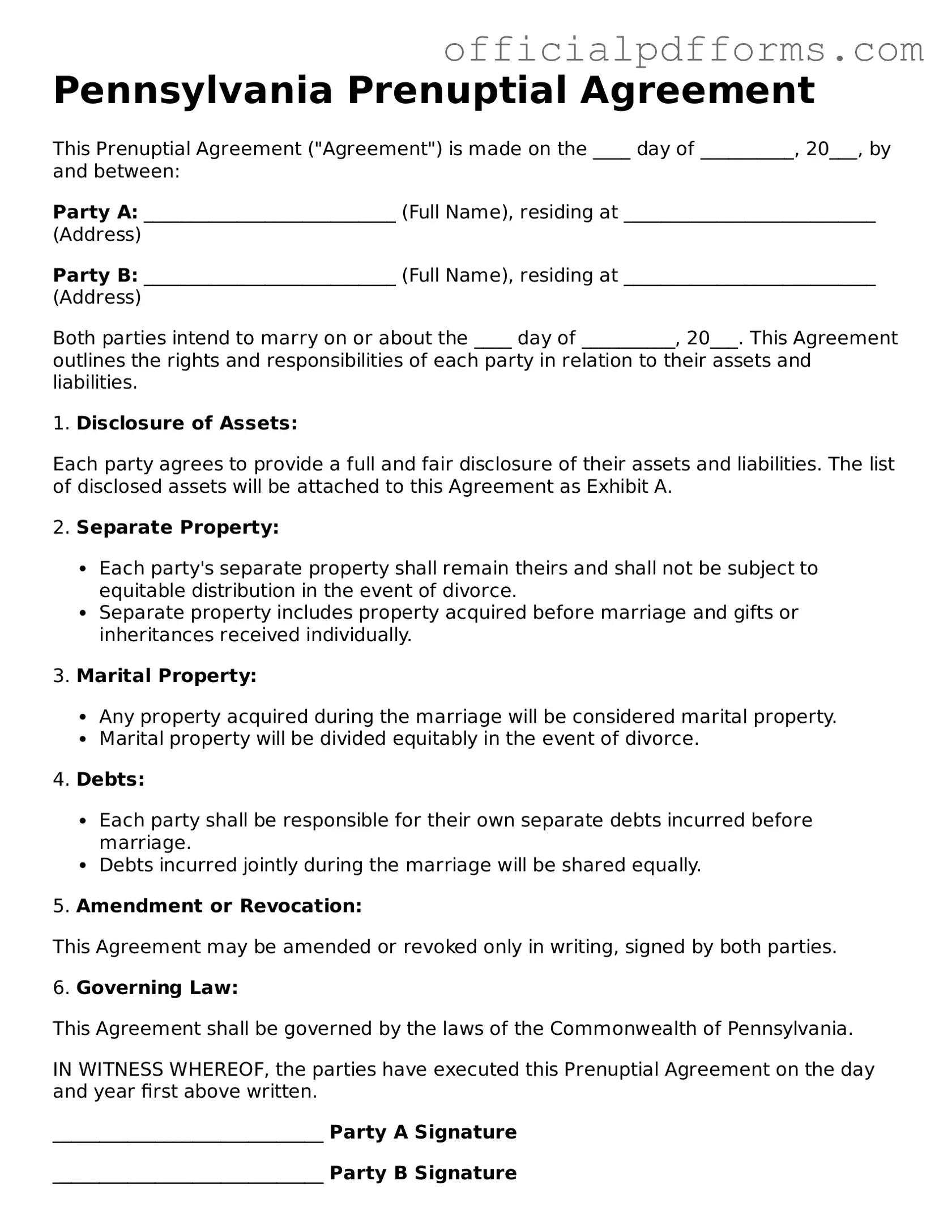 Printable Pennsylvania Prenuptial Agreement Template
