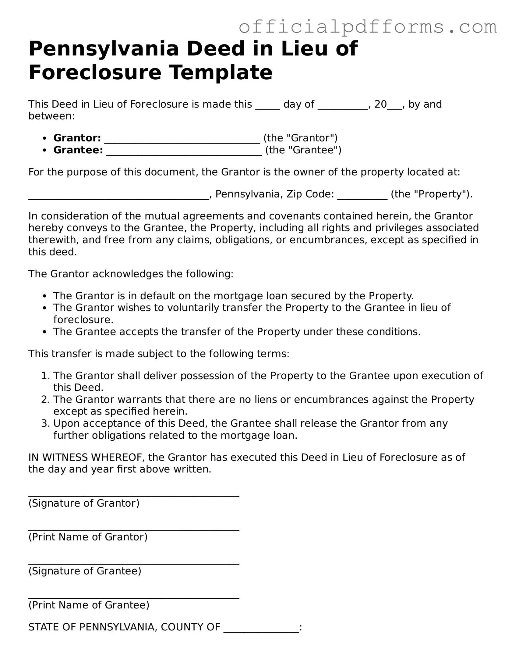 Printable Pennsylvania Deed in Lieu of Foreclosure Template