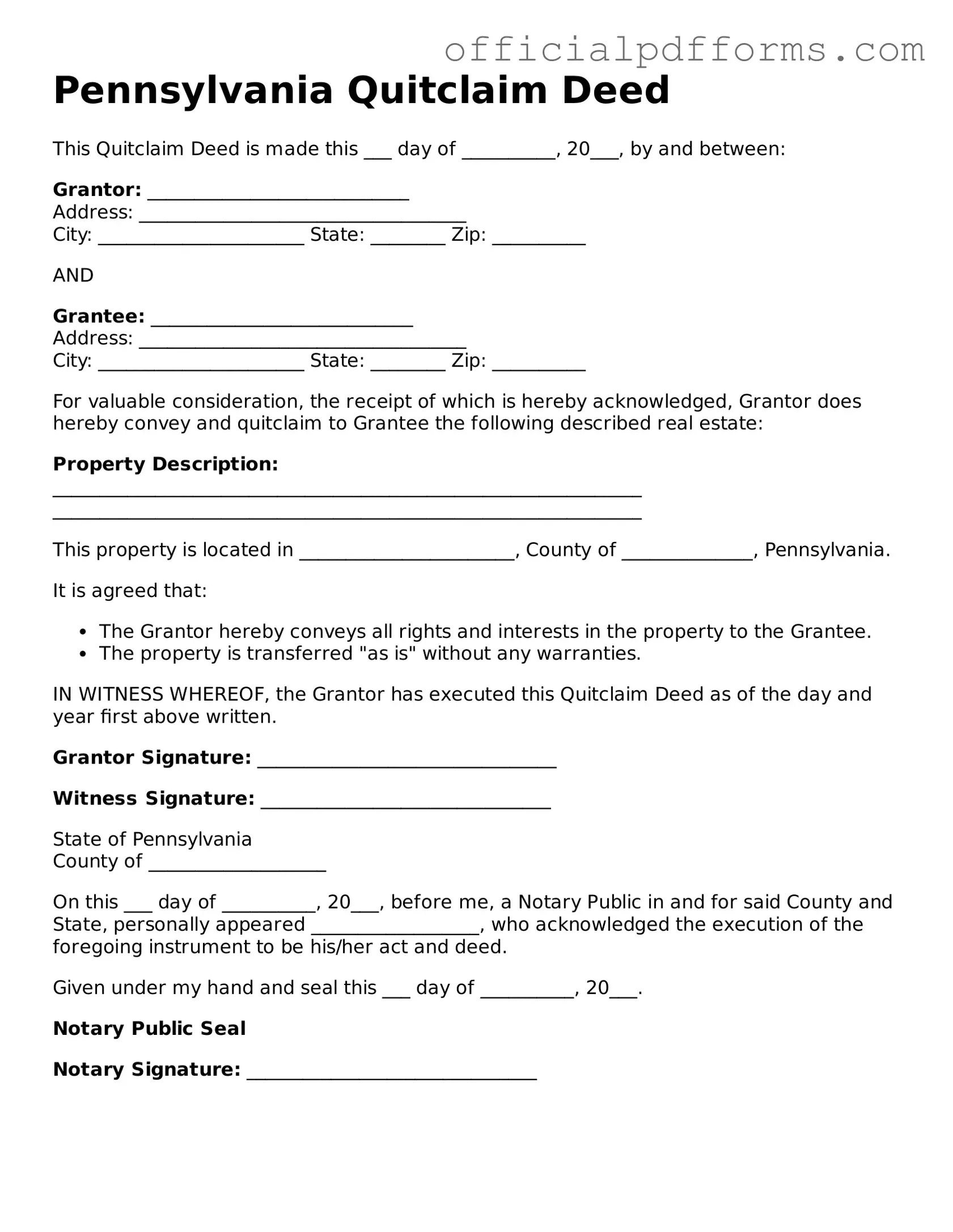 Printable Pennsylvania Quitclaim Deed Template