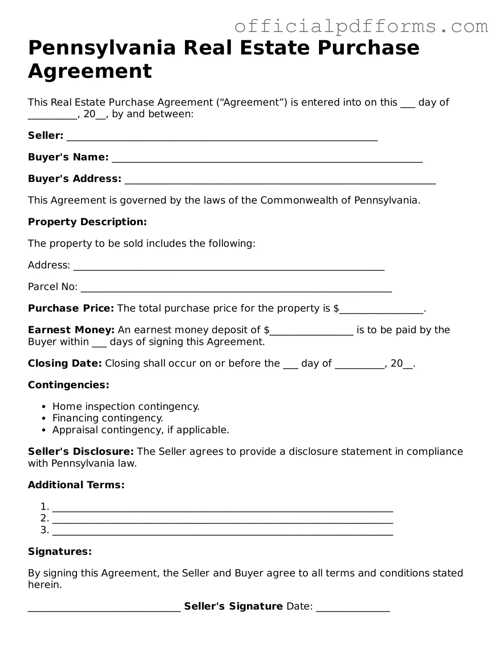 Printable Pennsylvania Real Estate Purchase Agreement Template
