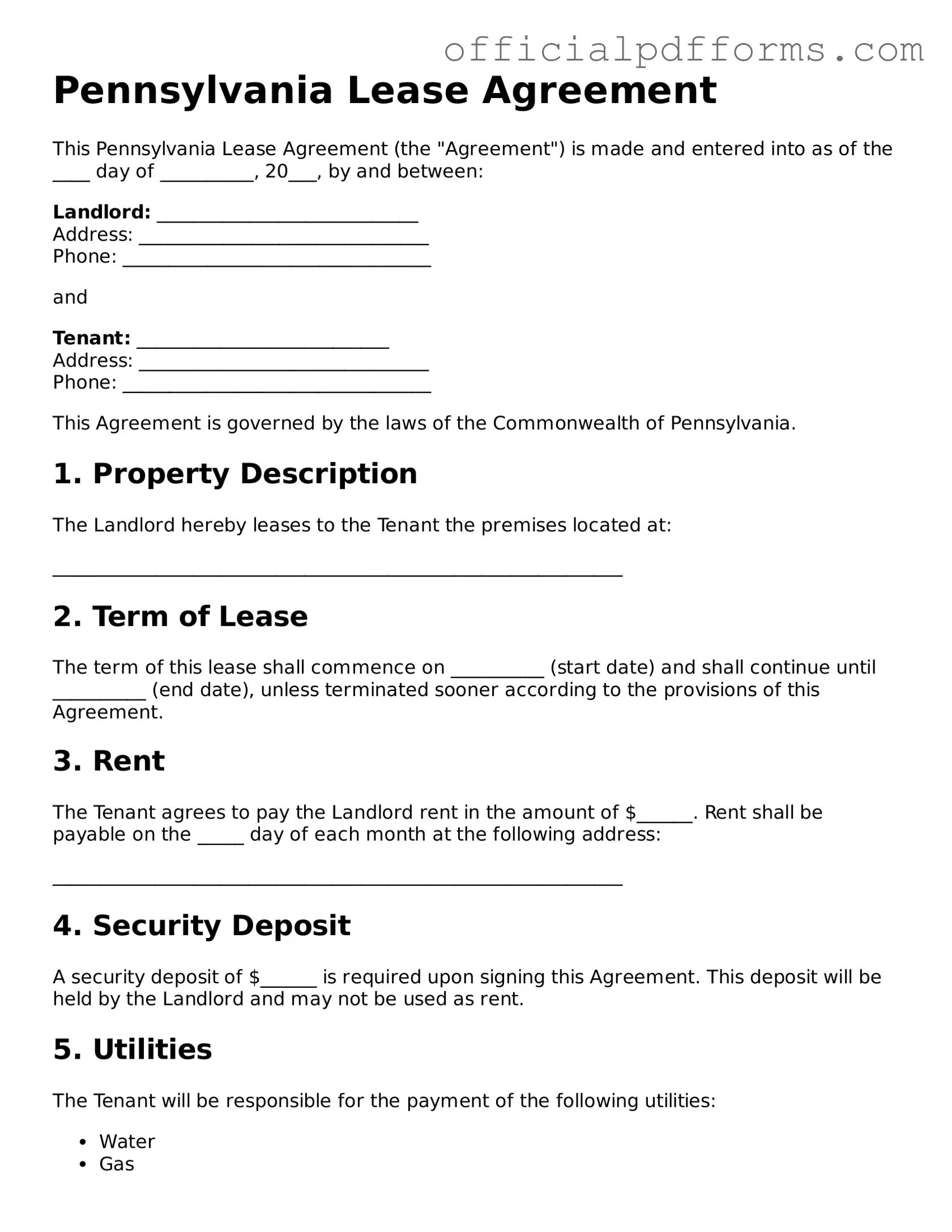 Printable Pennsylvania Lease Agreement Template