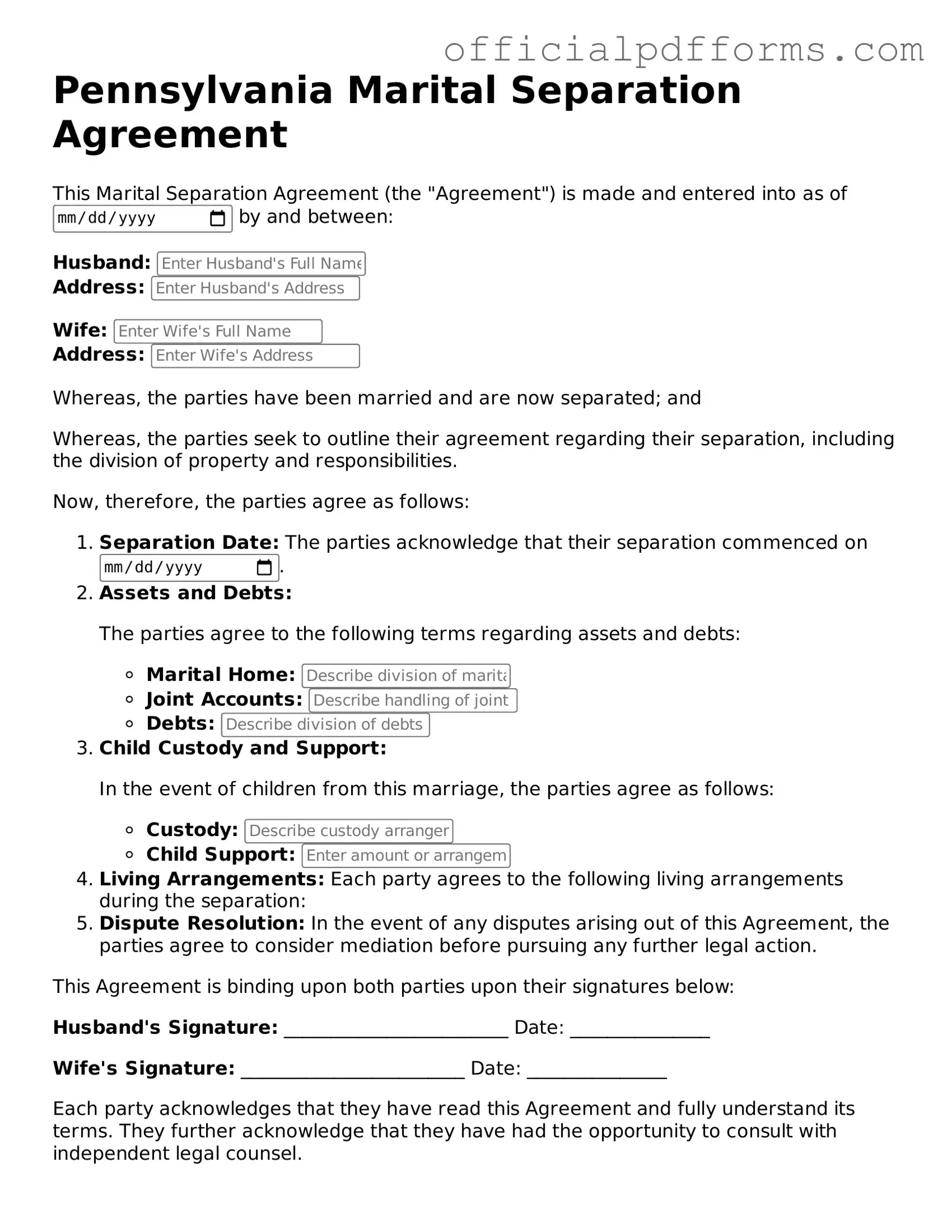 Printable Pennsylvania Marital Separation Agreement Template