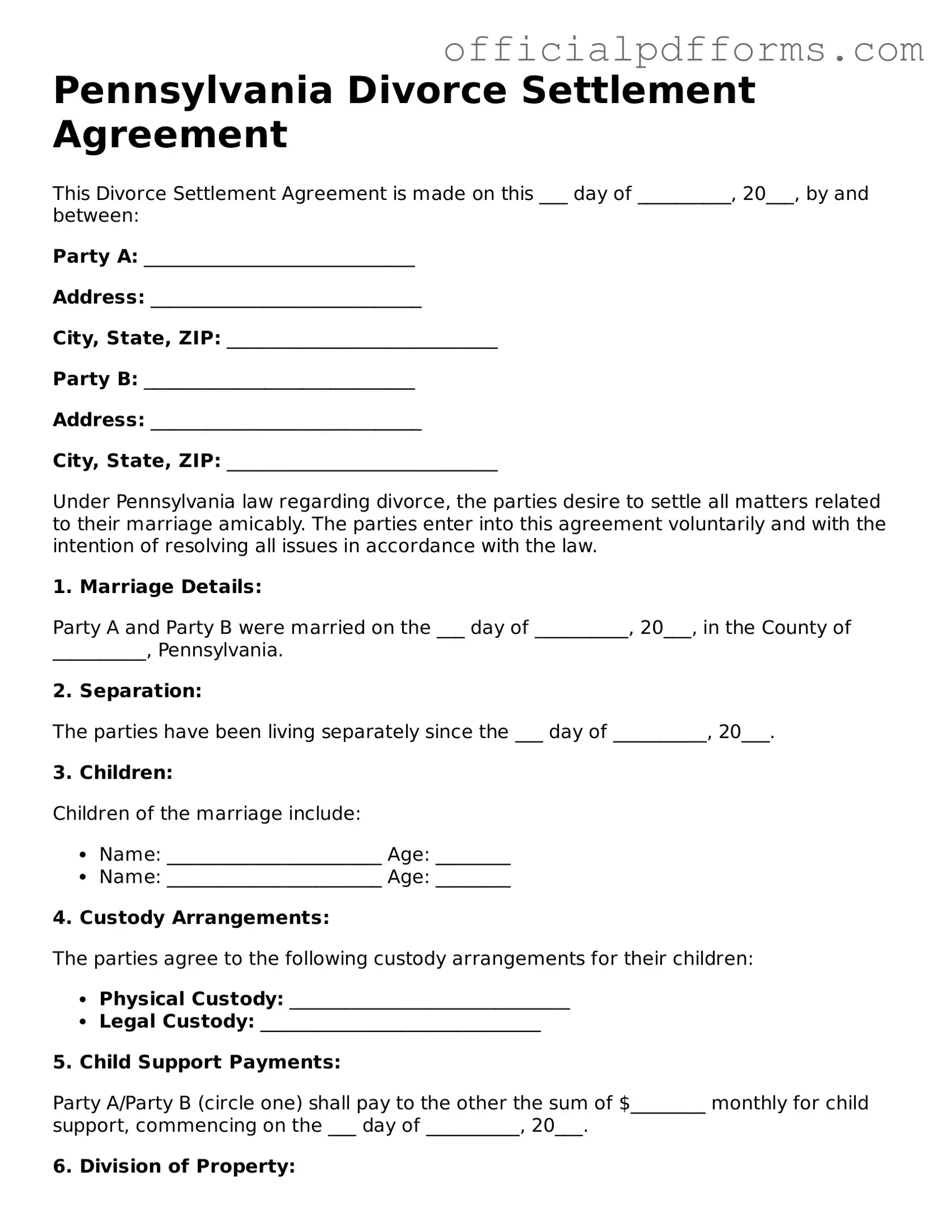 Printable Pennsylvania Divorce Settlement Agreement Template