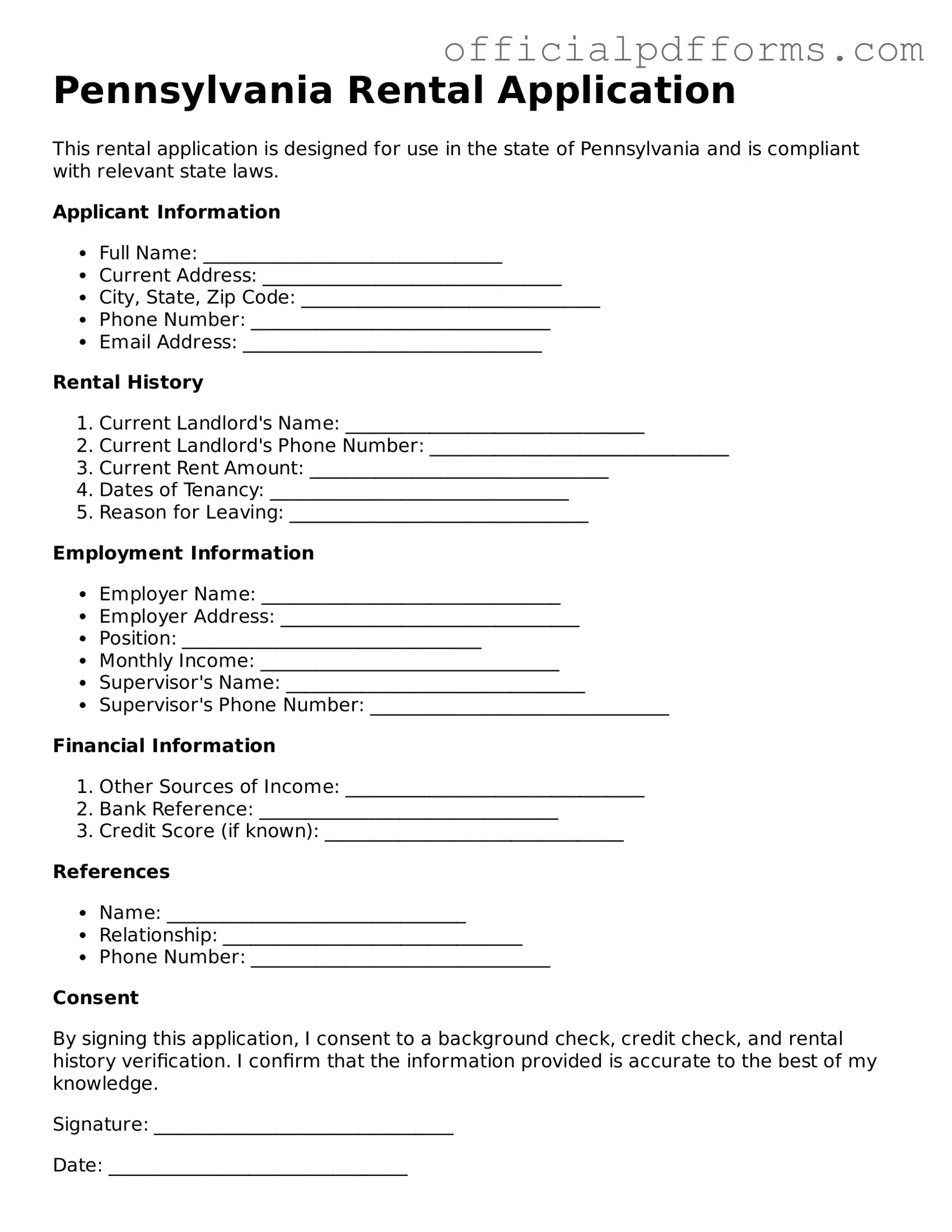 Printable Pennsylvania Rental Application Template