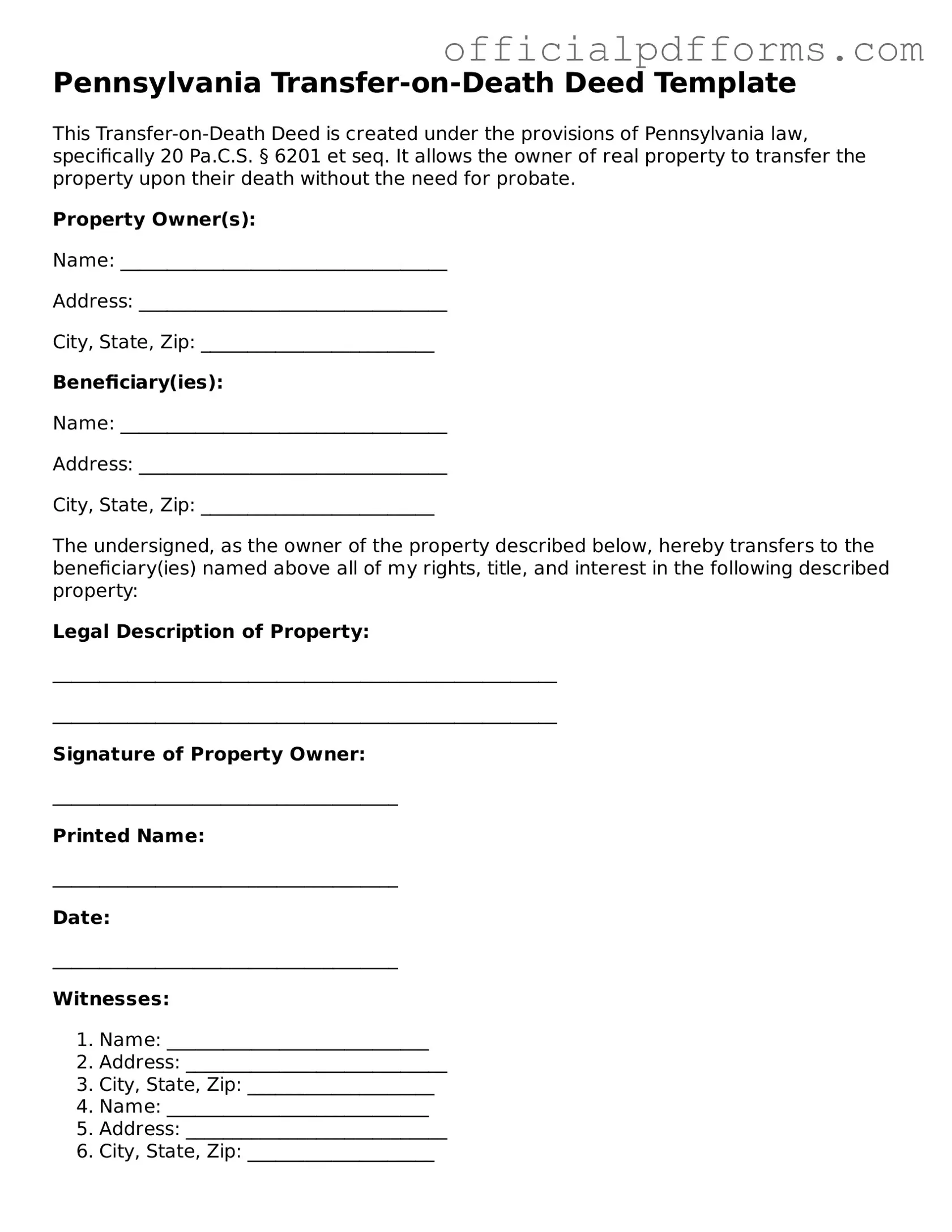 Printable Pennsylvania Transfer-on-Death Deed Template