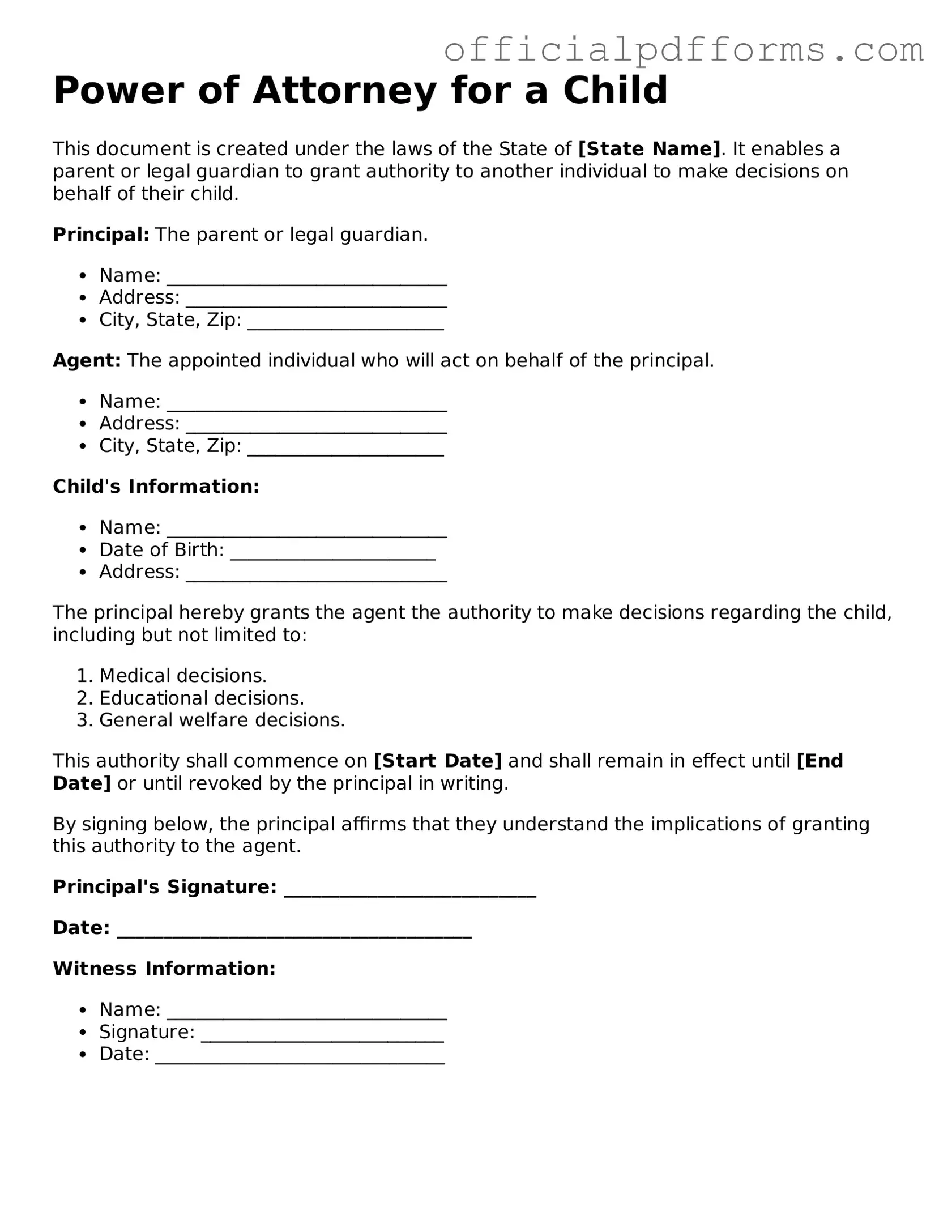 Valid Power of Attorney for a Child Document