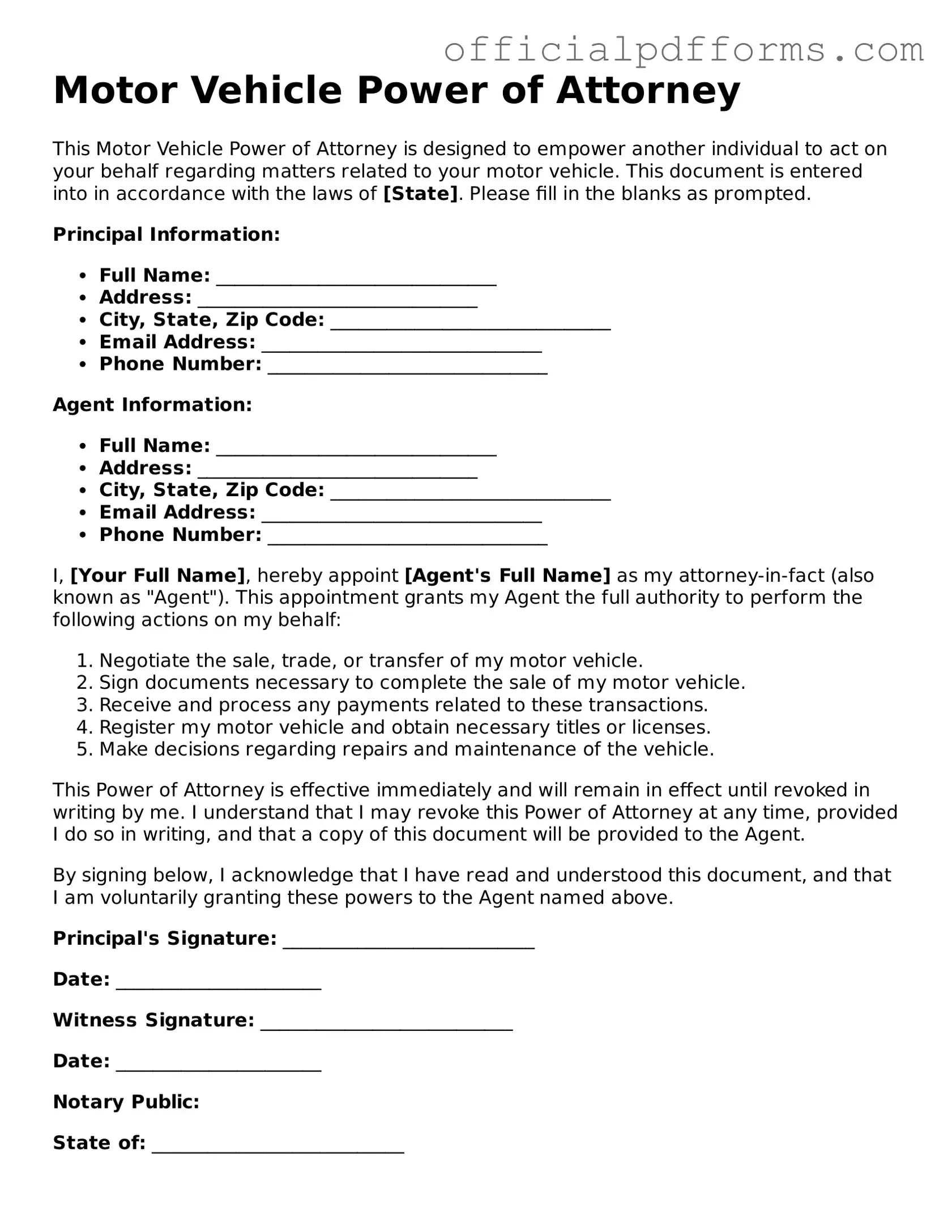 Valid Motor Vehicle Power of Attorney Document