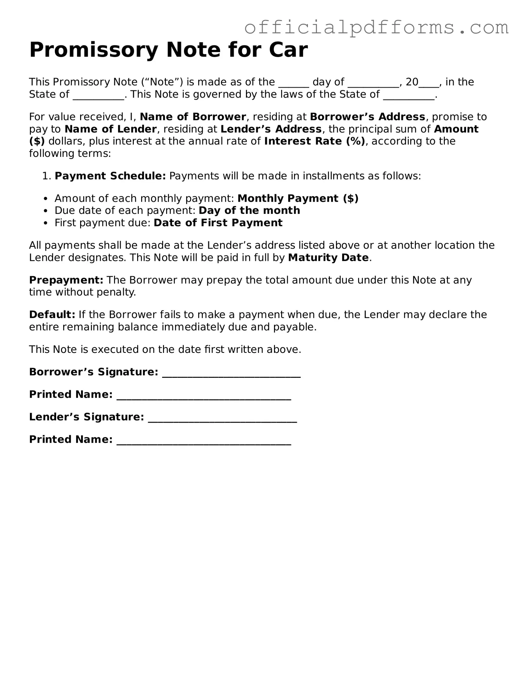 Valid Promissory Note for a Car Document