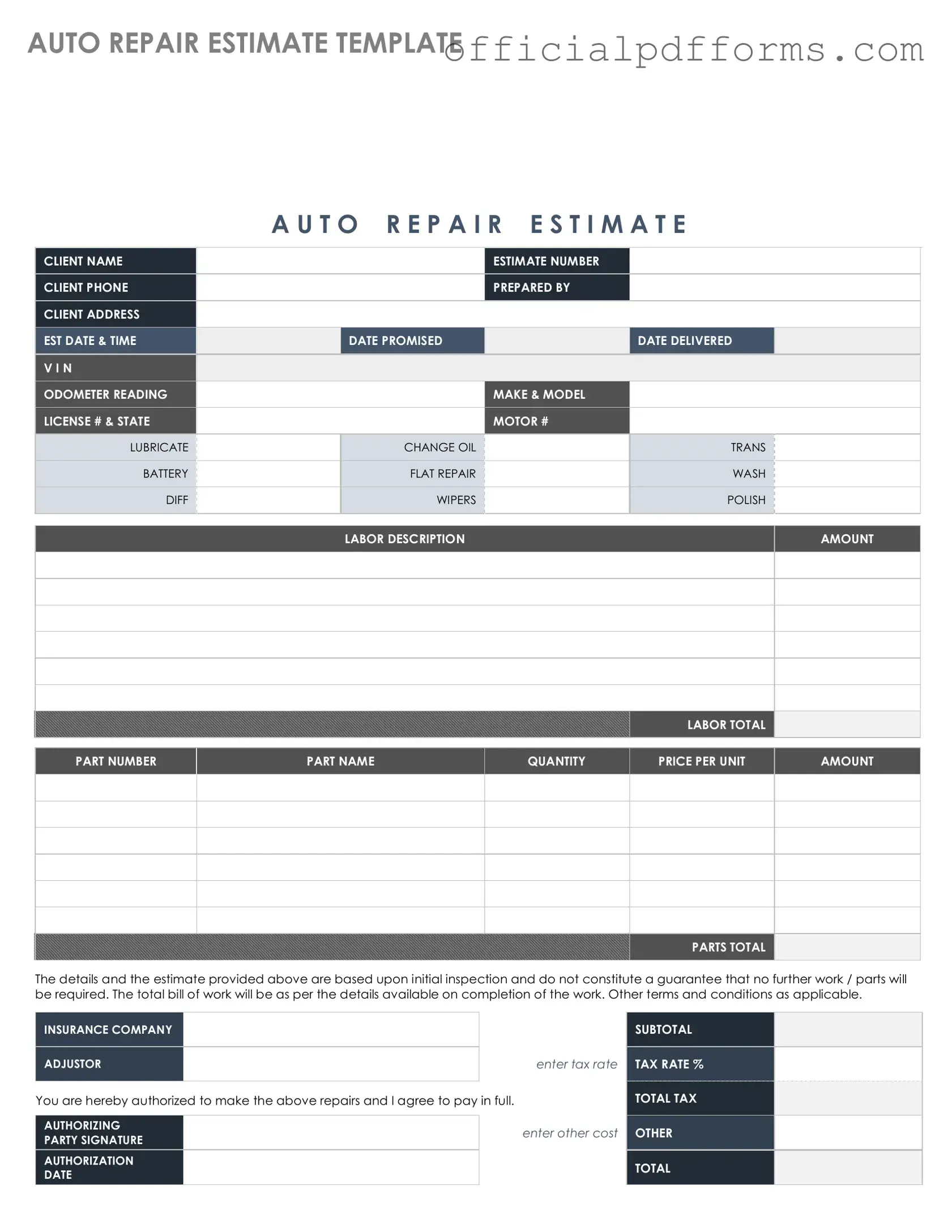 Fill in a Valid Auto Repair Estimate Form