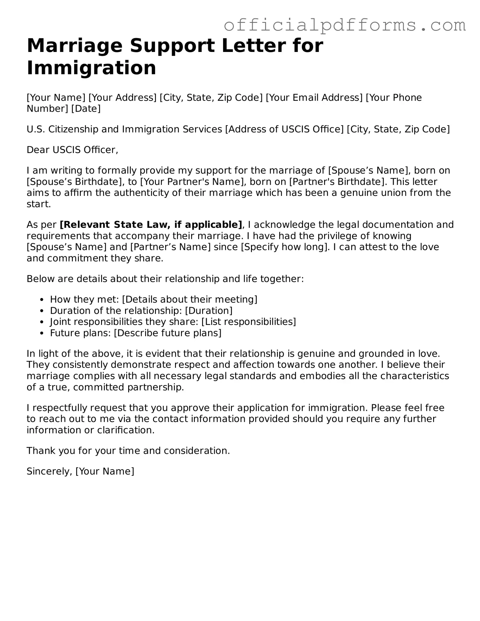 Valid Marriage Support Letter for Immigration Document