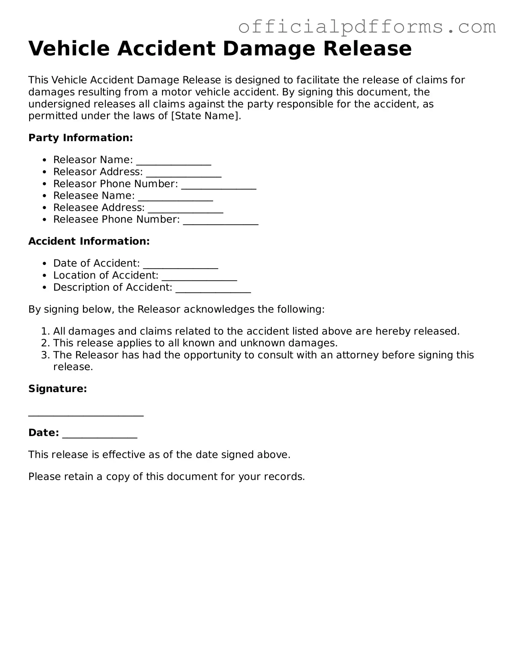 Valid Vehicle Accident Damage Release Document