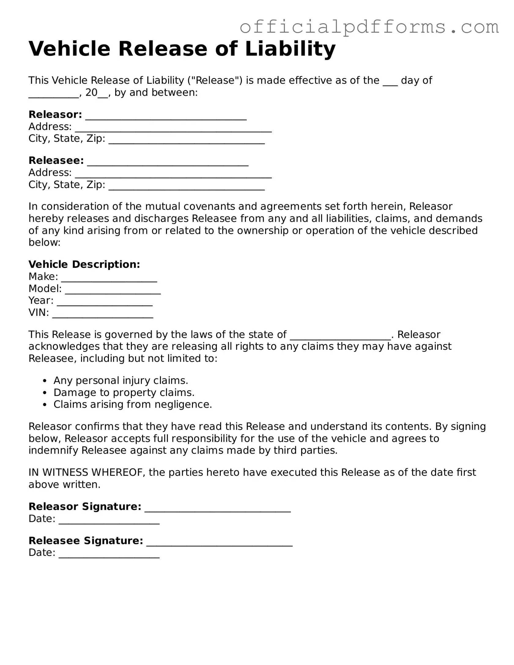 Valid Vehicle Release of Liability Document