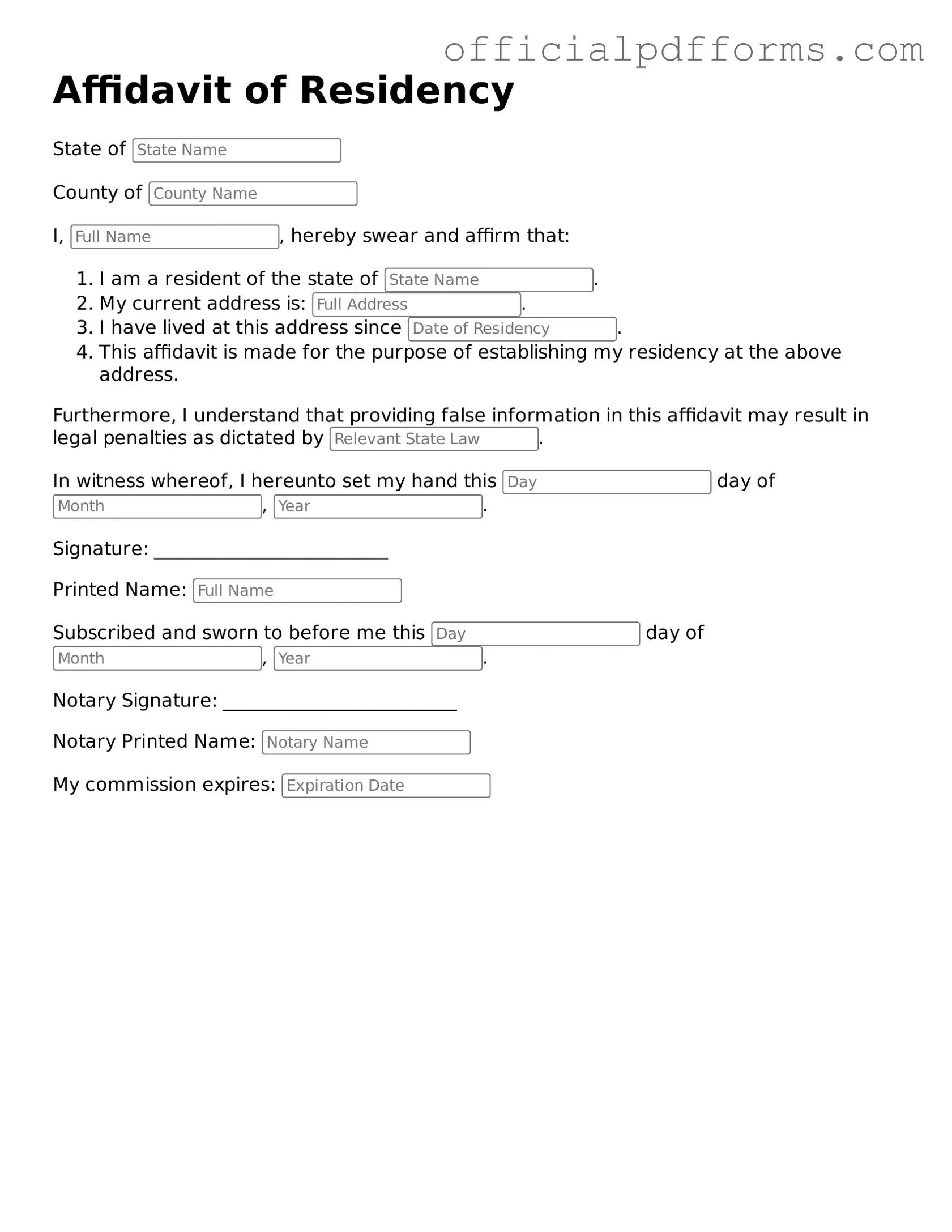Valid Affidavit of Residency Document