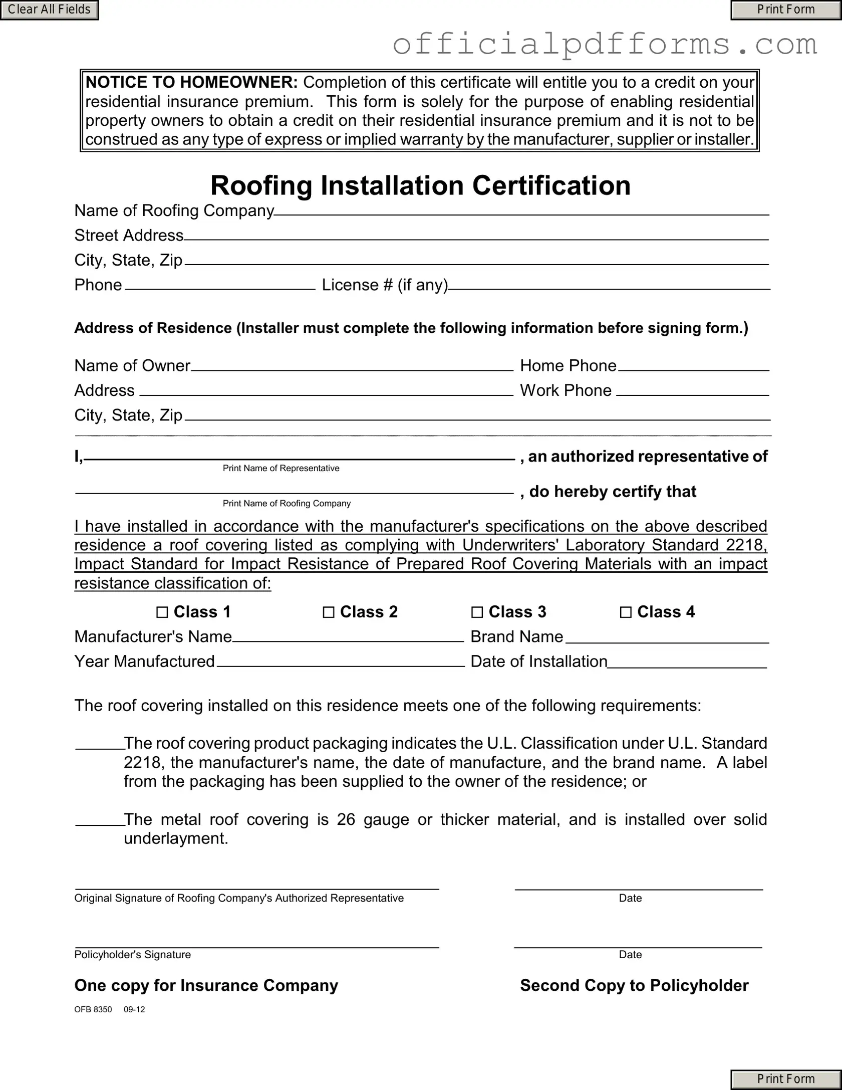 Fill in a Valid Roofing Certificate Form