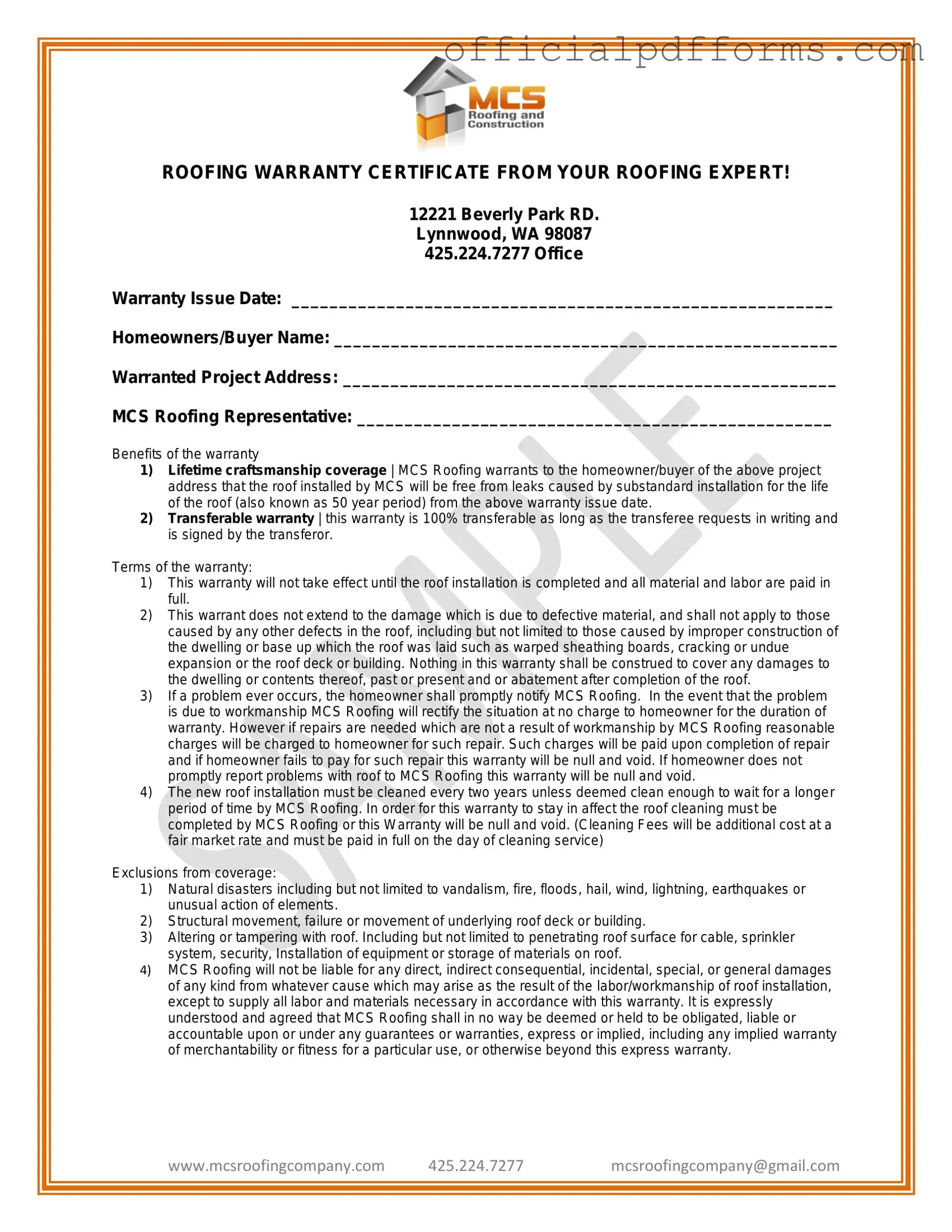 Fill in a Valid Roofing Warranty Certificate Form