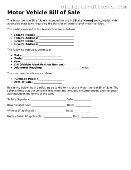 Valid Motor Vehicle Bill of Sale Document