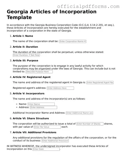 Printable Georgia Articles of Incorporation Template