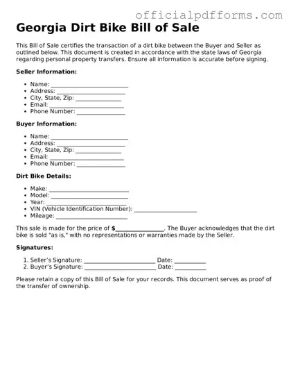 Printable Georgia Dirt Bike Bill of Sale Template