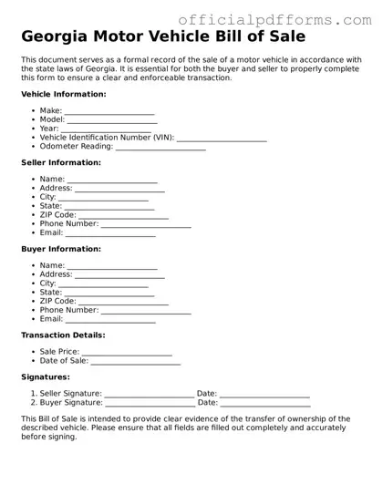 Printable Georgia Motor Vehicle Bill of Sale Template