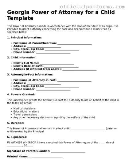 Printable Georgia Power of Attorney for a Child Template
