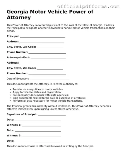 Printable Georgia Motor Vehicle Power of Attorney Template