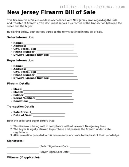 Printable New Jersey Firearm Bill of Sale Template