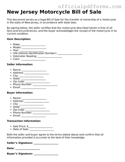Printable New Jersey Motorcycle Bill of Sale Template