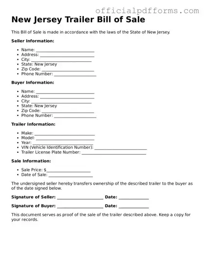 Printable New Jersey Trailer Bill of Sale Template
