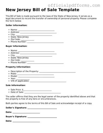 Printable New Jersey Bill of Sale Template