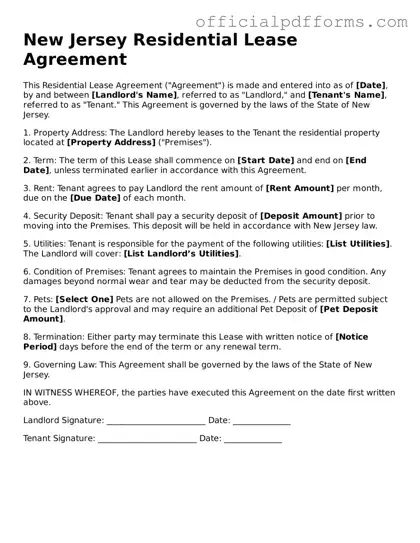 Printable New Jersey Residential Lease Agreement Template