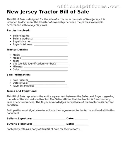 Printable New Jersey Tractor Bill of Sale Template