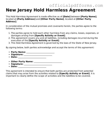 Printable New Jersey Hold Harmless Agreement Template