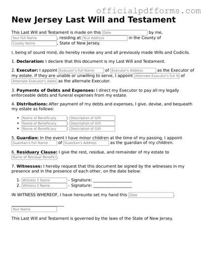Printable New Jersey Last Will and Testament Template