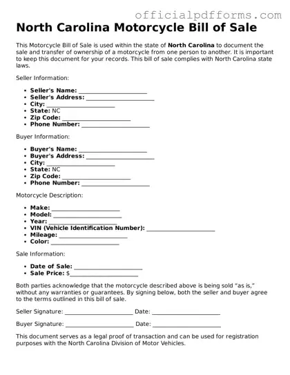 Printable North Carolina Motorcycle Bill of Sale Template
