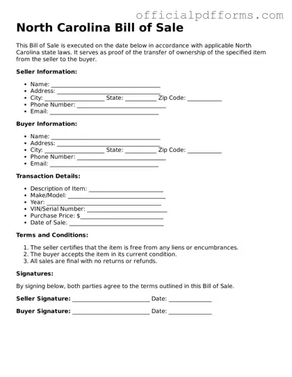 Printable North Carolina Bill of Sale Template