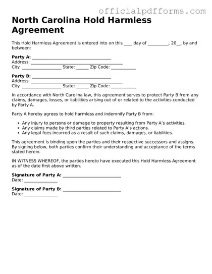 Printable North Carolina Hold Harmless Agreement Template