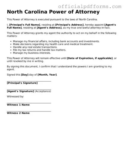 Printable North Carolina Power of Attorney Template