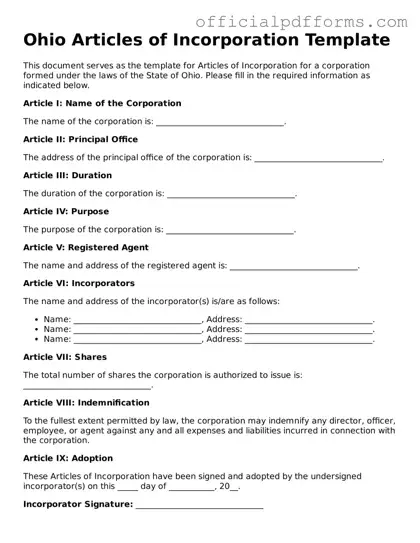 Printable Ohio Articles of Incorporation Template