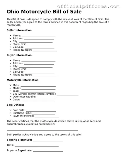 Printable Ohio Motorcycle Bill of Sale Template