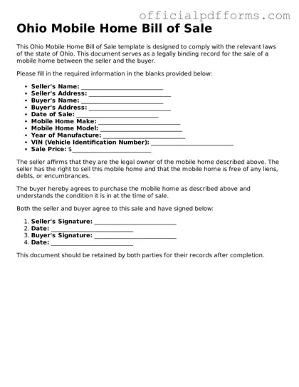 Printable Ohio Mobile Home Bill of Sale Template