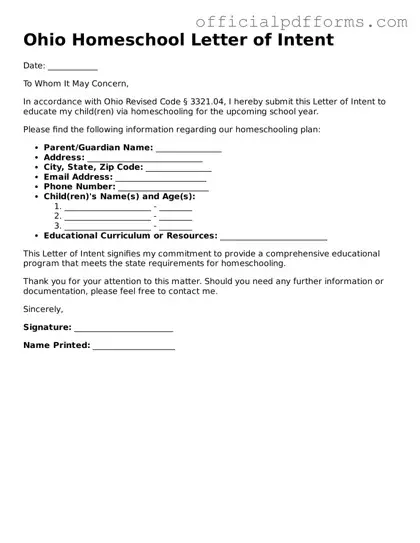 Printable Ohio Homeschool Letter of Intent Template