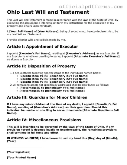 Printable Ohio Last Will and Testament Template