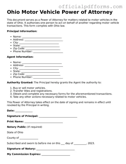 Printable Ohio Motor Vehicle Power of Attorney Template