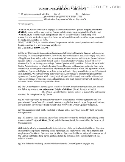 Fill in a Valid Owner Operator Lease Agreement Form